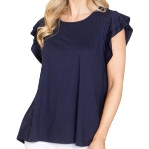 NWT YOU & ME Blue Short Tiered Ruffle Sleeve Top Blouse Size Medium